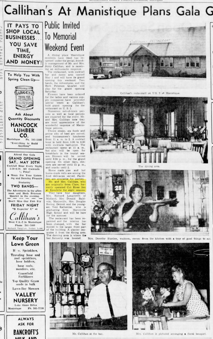 Cut River Inn (Fishers Bar and Restaurant, Callihans) - May 29 1964 Article (newer photo)